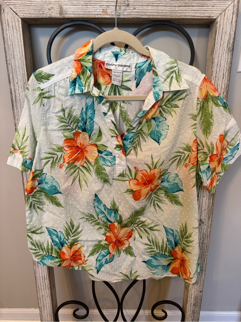 Cathy‎ Daniels Tropical Floral Swiss Dot Cotton Button Front Blouse L